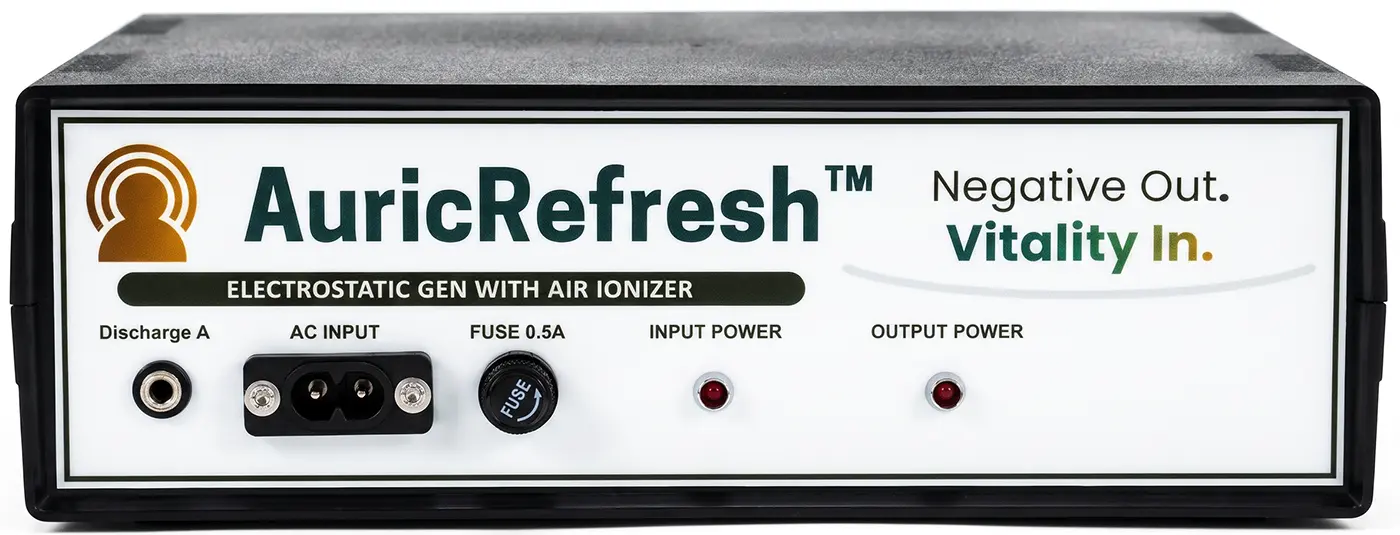 AuricRefresh device shown with premium craftsmanship and aluminum mesh electrode